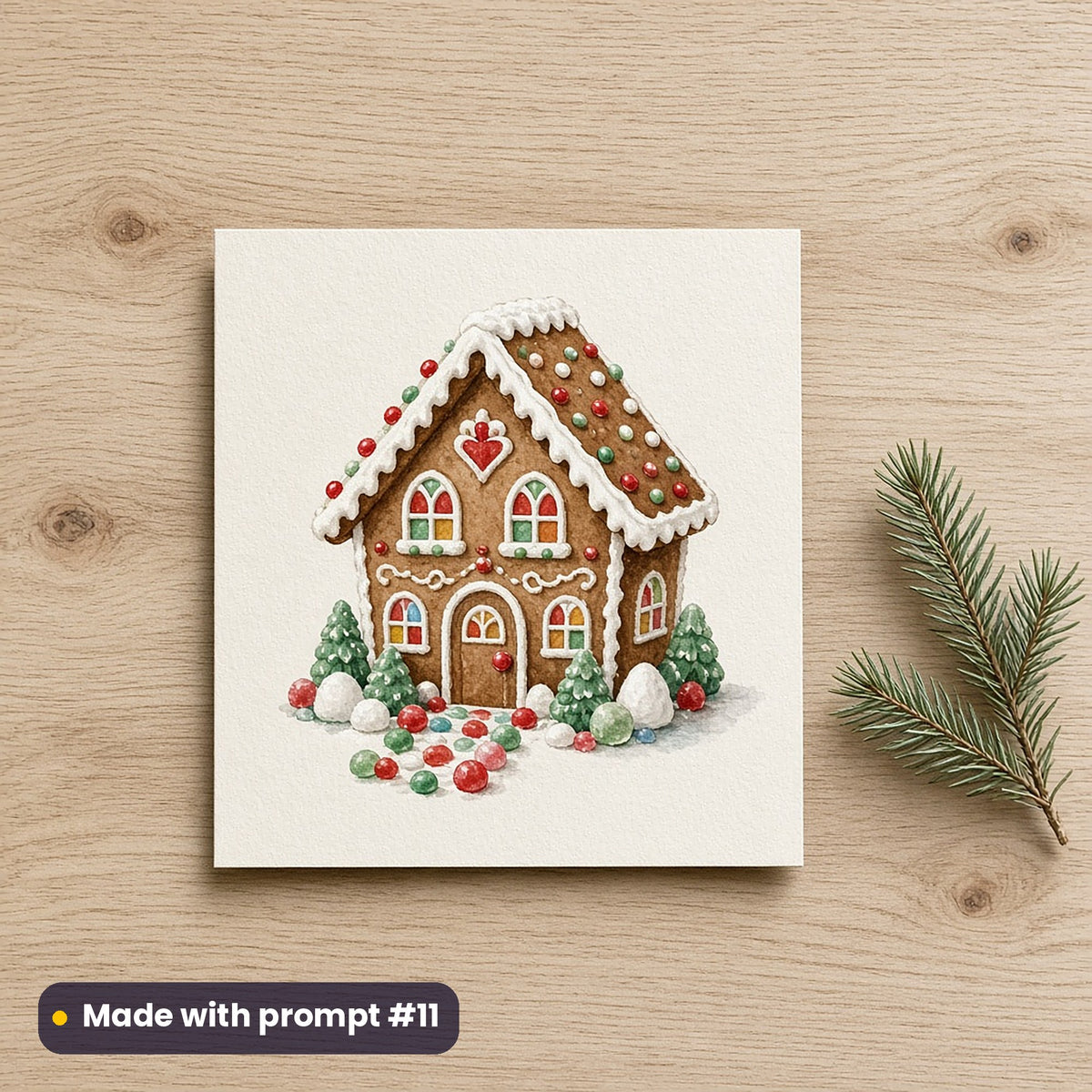 Gingerbread Village artwork on a flat-printed greeting card: gingerbread cottage, made with prompt #11 from this pack