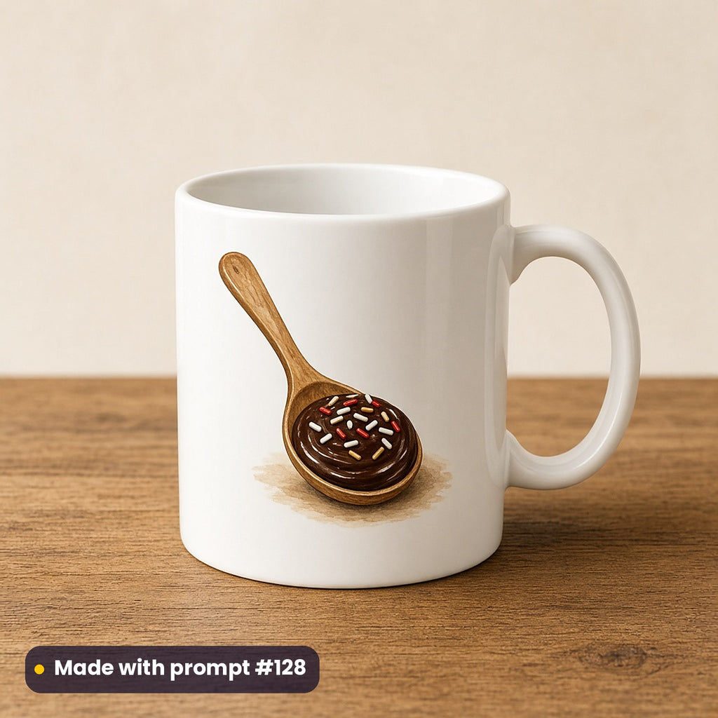 Hot Chocolate Christmas artwork on a UV-printed ceramic mug: chocolate spoon, made with prompt #128 from this pack
