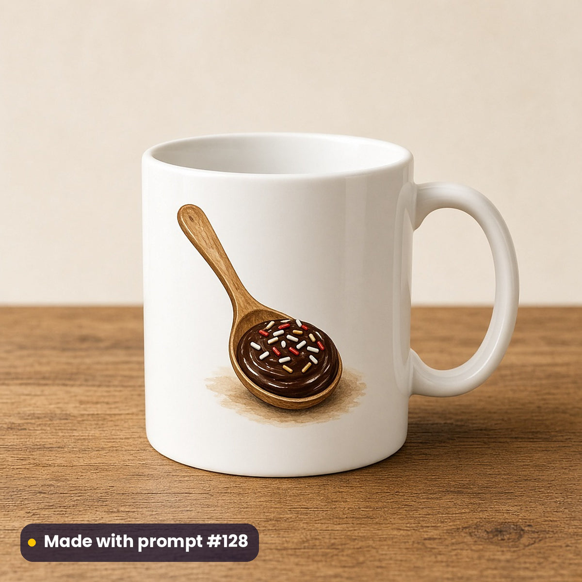 Hot Chocolate Christmas artwork on a UV-printed ceramic mug: chocolate spoon, made with prompt #128 from this pack