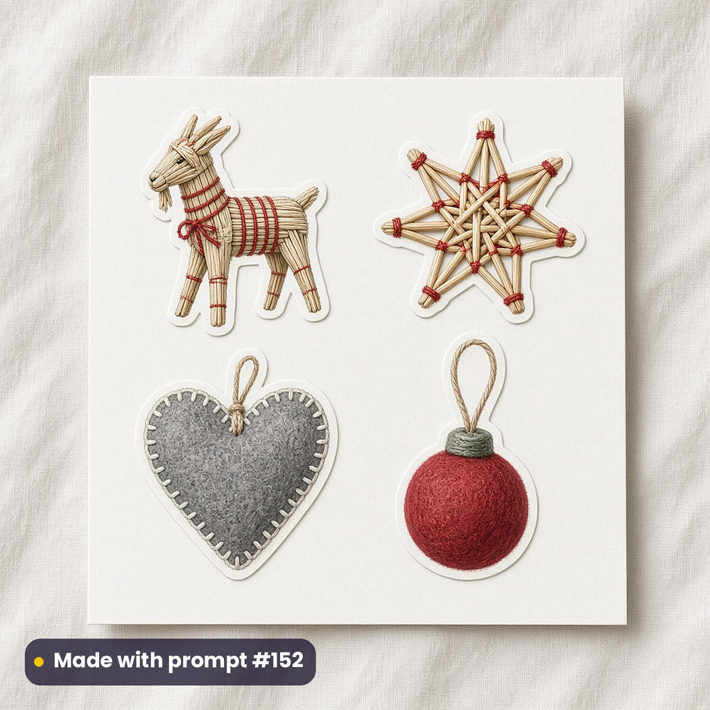 Scandi Christmas artwork on a die-cut vinyl sticker sheet: a sheet of four assets from page p02: straw and felt, made with prompt #152 from this pack