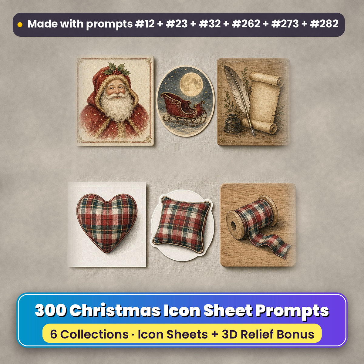 Traditional & Luxe Christmas Icon Sheets Bundle: 300 Christmas icon sheet prompts from 6 collections, with a Father Christmas card, moonlit sleigh coaster and quill and inkwell plaque (Vintage Santa Collection) and a tartan heart card, tartan cushion sticker and ribbon roll plaque (Tartan Christmas), made with prompts #12, #23, #32, #262, #273 and #282