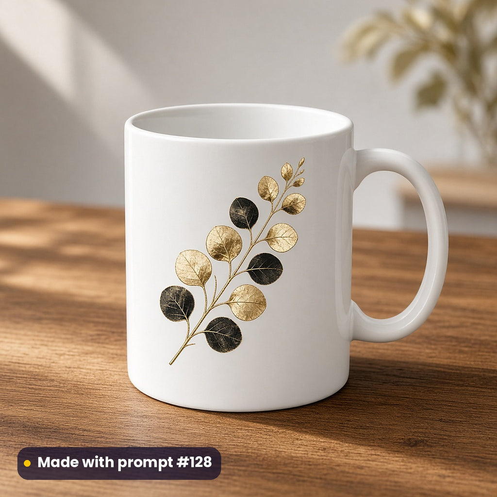 Black & Gold Christmas artwork on a UV-printed ceramic mug: gold eucalyptus, made with prompt #128 from this pack