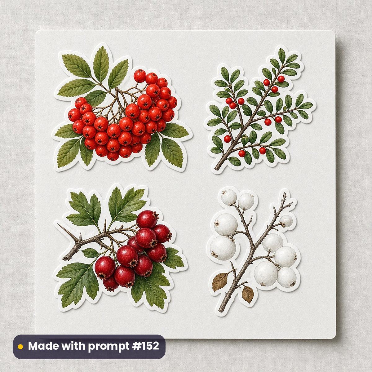 Holly & Winter Berries artwork on a die-cut vinyl sticker sheet: a sheet of four assets from page p02: winter berries, made with prompt #152 from this pack