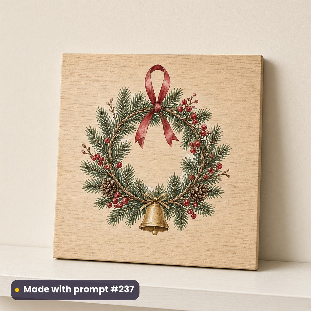 Christmas Wreath Collection artwork on a UV-printed wooden plaque: ornament wreath, made with prompt #237 from this pack