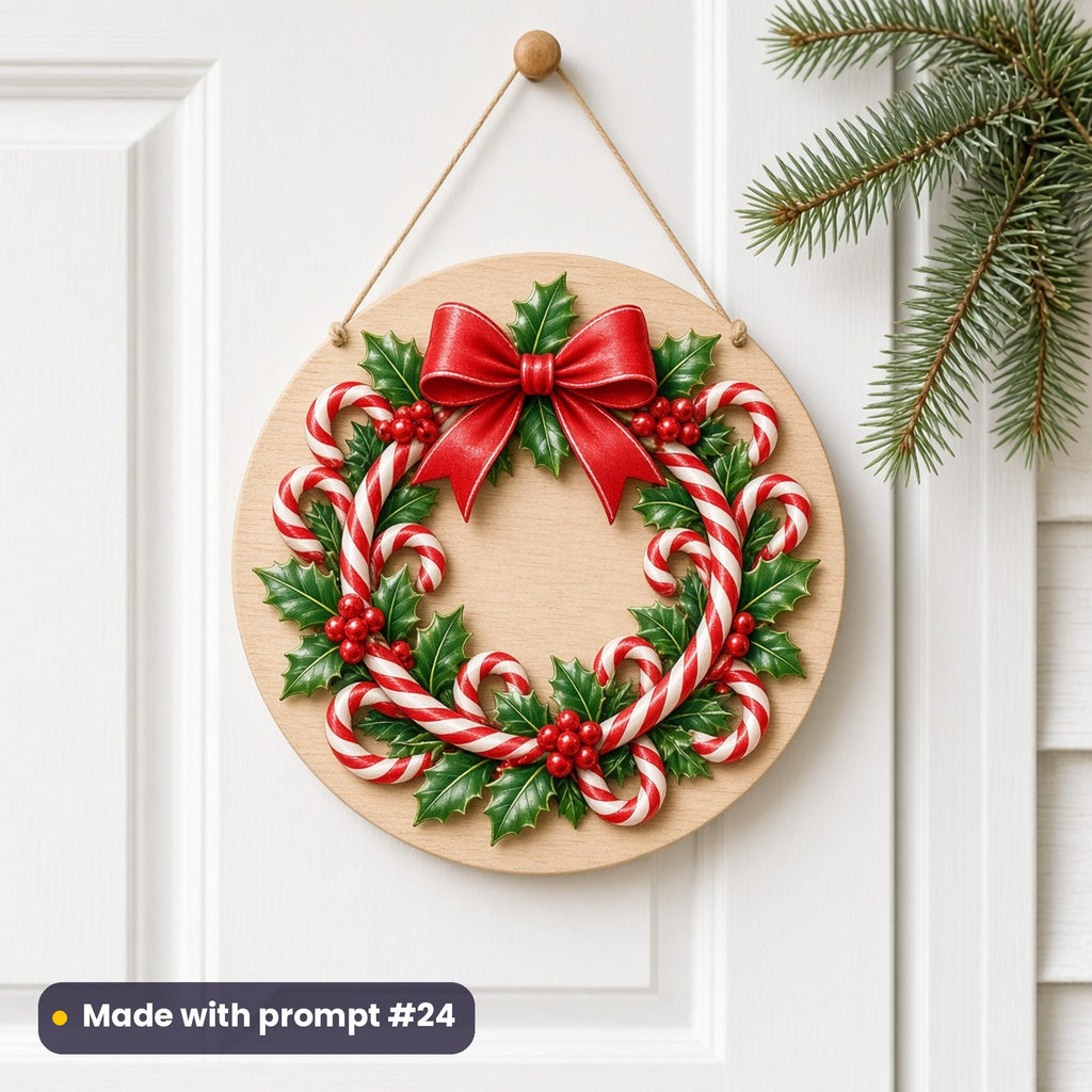 Candy cane wreath Christmas artwork on a round wooden door sign, made with prompt #24 of the Candy Cane & Sweet Shop Christmas Icon Sheet Prompts pack