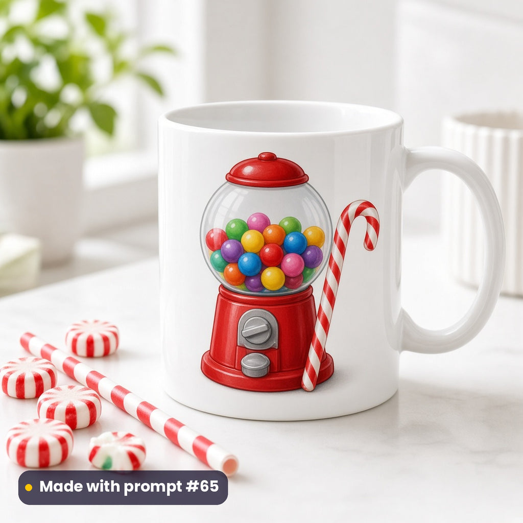 Gumball machine Christmas artwork on a white mug with peppermints, made with prompt #65 of the Candy Cane & Sweet Shop Christmas Icon Sheet Prompts pack