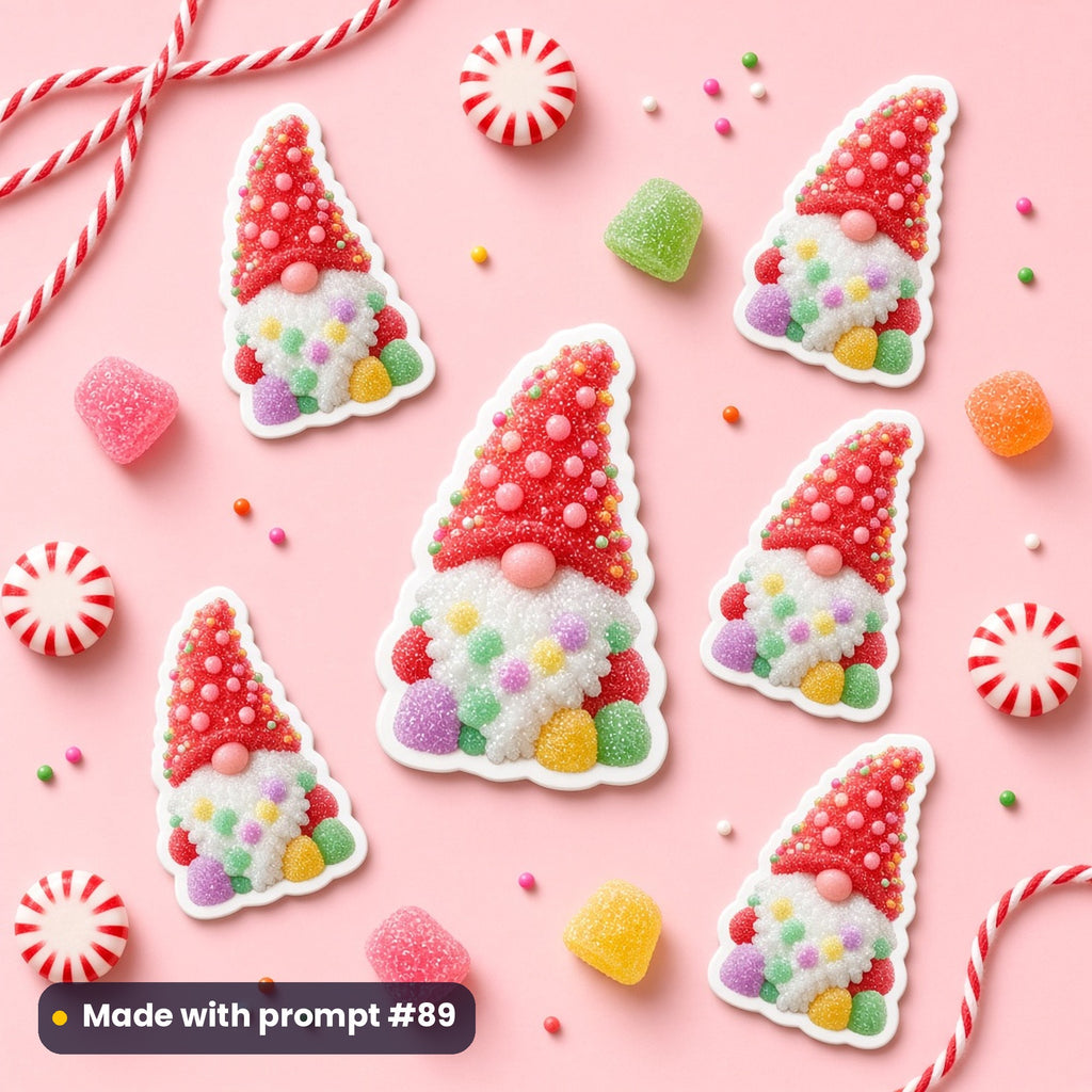 Gumdrop gnome Christmas artwork on die-cut stickers with sweets, made with prompt #89 of the Candy Cane & Sweet Shop Christmas Icon Sheet Prompts pack
