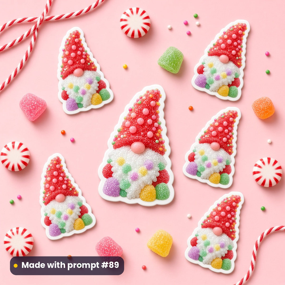 Gumdrop gnome Christmas artwork on die-cut stickers with sweets, made with prompt #89 of the Candy Cane & Sweet Shop Christmas Icon Sheet Prompts pack