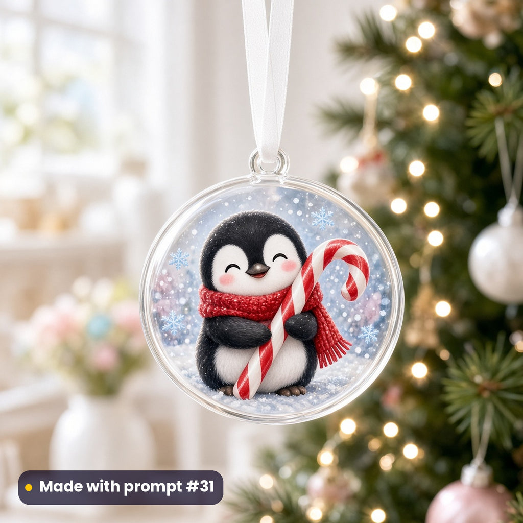 Penguin holding a candy cane Christmas artwork on a clear acrylic ornament on a Christmas tree, made with prompt #31 of the Candy Cane & Sweet Shop Christmas Icon Sheet Prompts pack