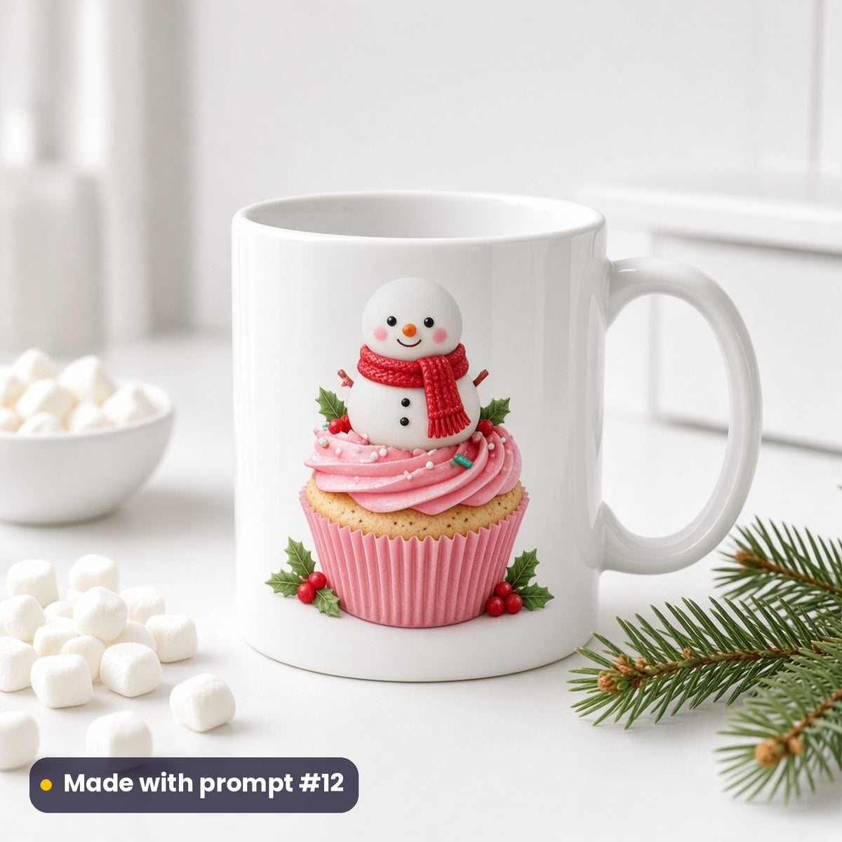 Snowman topper cupcake Christmas artwork on a white mug with marshmallows, made with prompt #12 of the Christmas Cupcakes, Cakes & Desserts Icon Sheet Prompts pack
