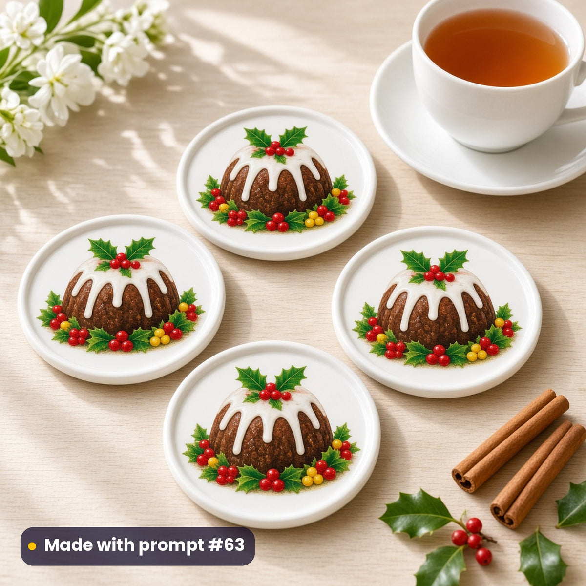 Christmas pudding with holly Christmas artwork on a set of four ceramic coasters, made with prompt #63 of the Christmas Cupcakes, Cakes & Desserts Icon Sheet Prompts pack