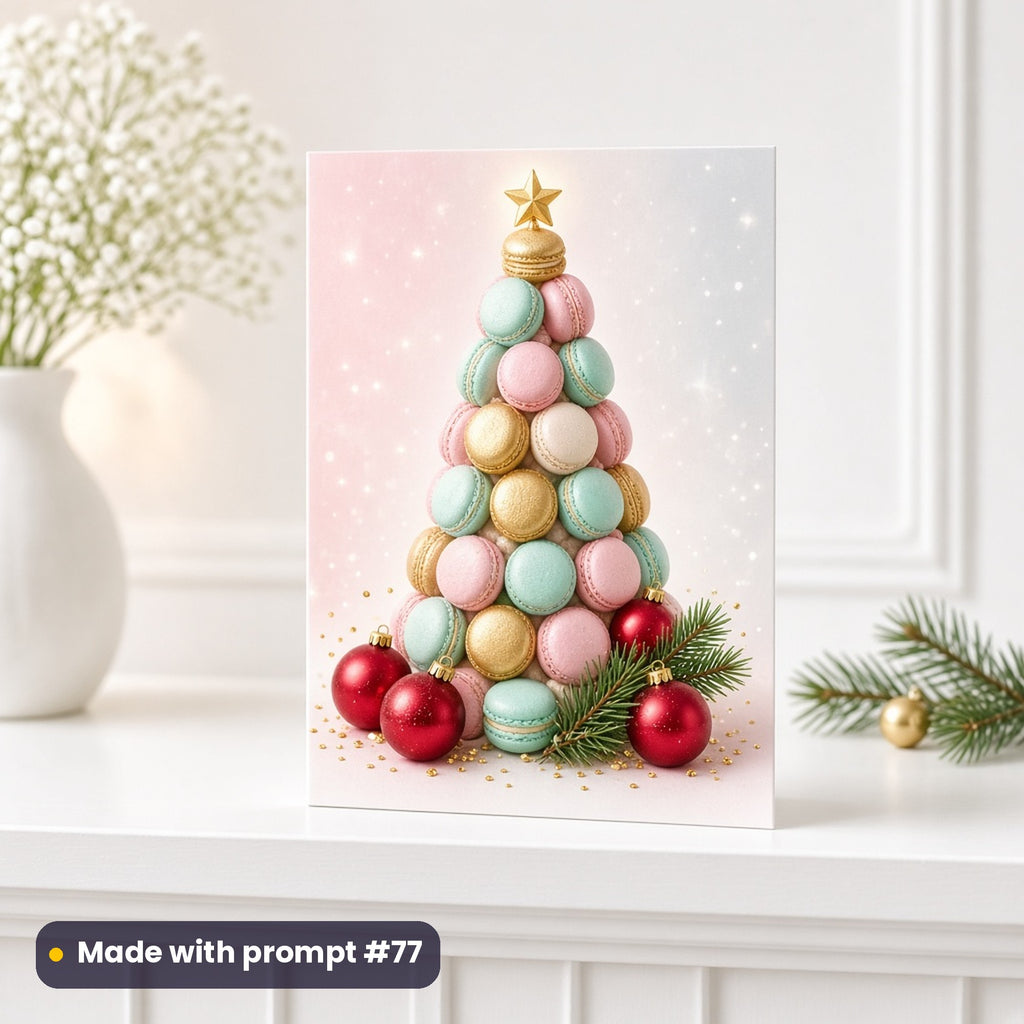 Macaron tower Christmas artwork on a greeting card on a mantelpiece, made with prompt #77 of the Christmas Cupcakes, Cakes & Desserts Icon Sheet Prompts pack