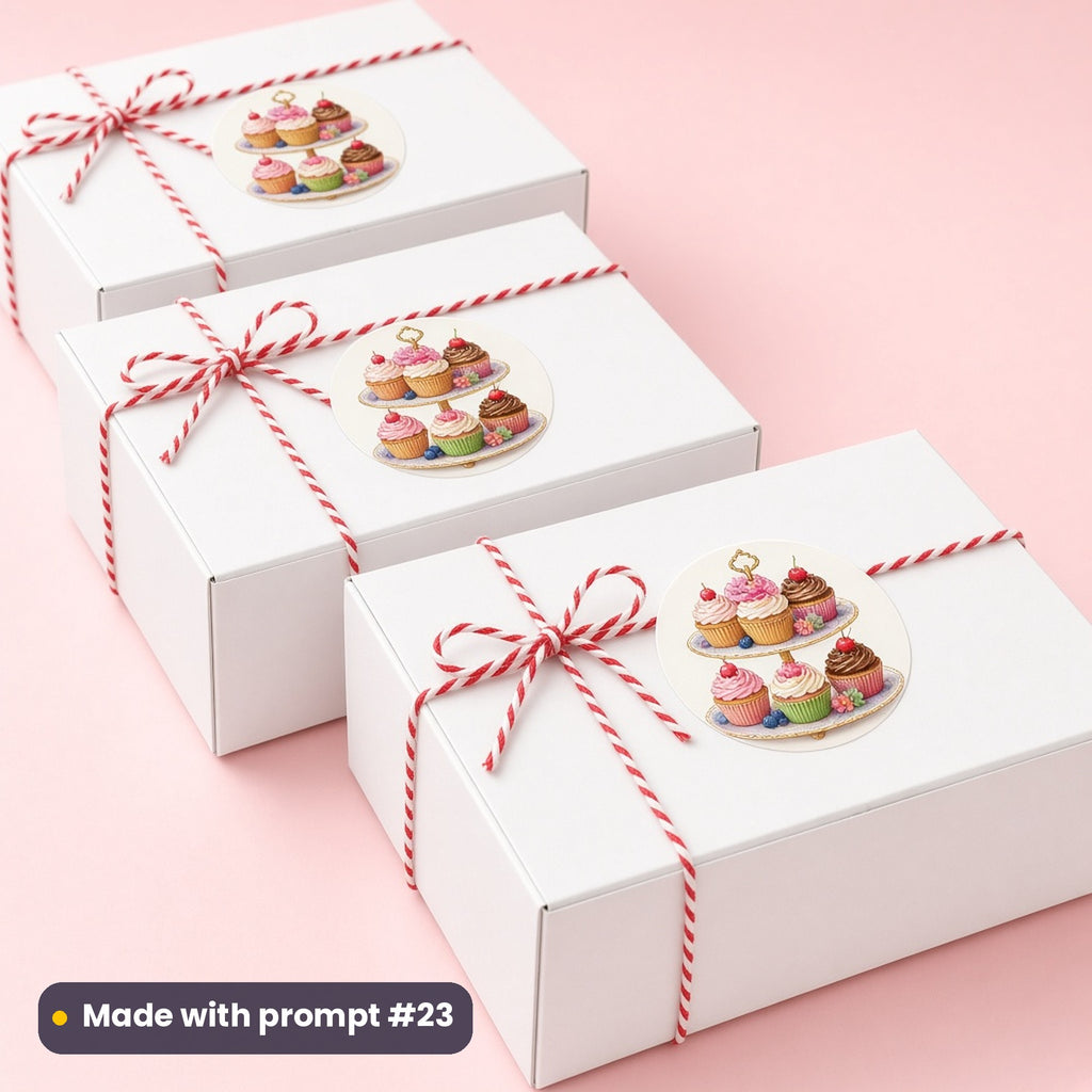 Cupcake stand Christmas artwork on round stickers sealing bakery boxes, made with prompt #23 of the Christmas Cupcakes, Cakes & Desserts Icon Sheet Prompts pack