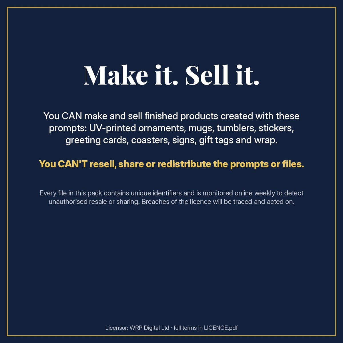Make it. Sell it. Licence summary for the Christmas Cupcakes, Cakes & Desserts Icon Sheet Prompts pack: sell finished products made with the prompts, not the prompts or files