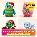 Christmas Monsters & Dragons Icon Sheet Prompts pack title card: four Christmas icon artworks made with prompts #11, #12, #61, #63; 100 prompts, 16 styles, 16 palettes; £2.39, was £3.99