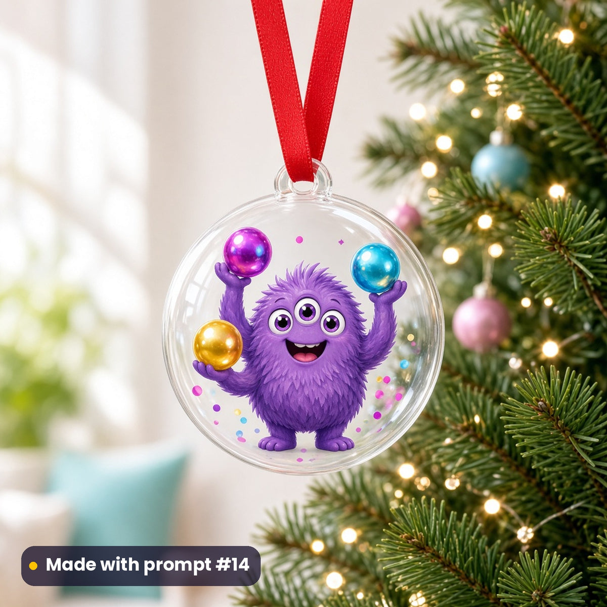 Purple monster juggling baubles Christmas artwork on a clear acrylic ornament on a Christmas tree, made with prompt #14 of the Christmas Monsters & Dragons Icon Sheet Prompts pack