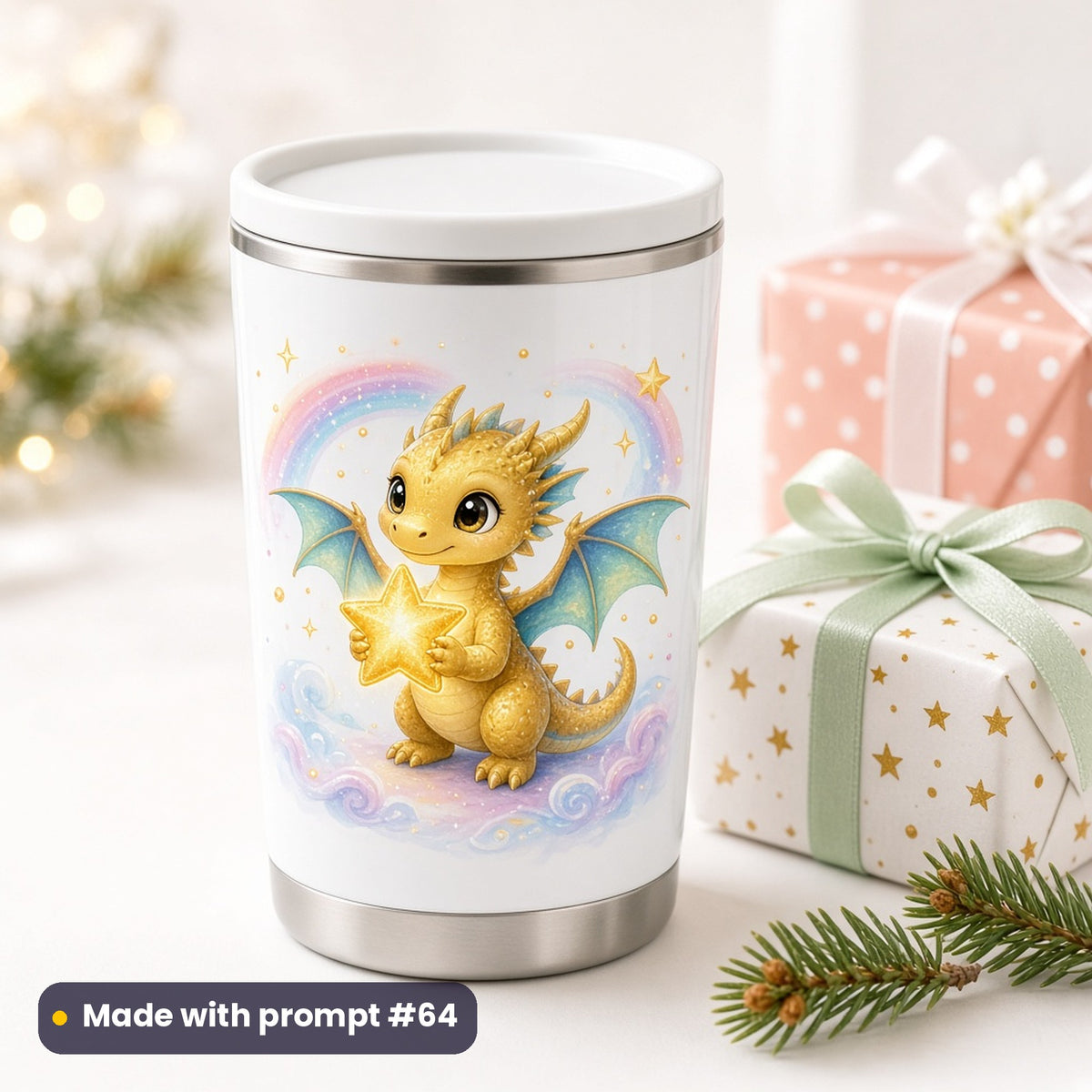 Gold dragon with a star Christmas artwork on a white tumbler beside wrapped gifts, made with prompt #64 of the Christmas Monsters & Dragons Icon Sheet Prompts pack