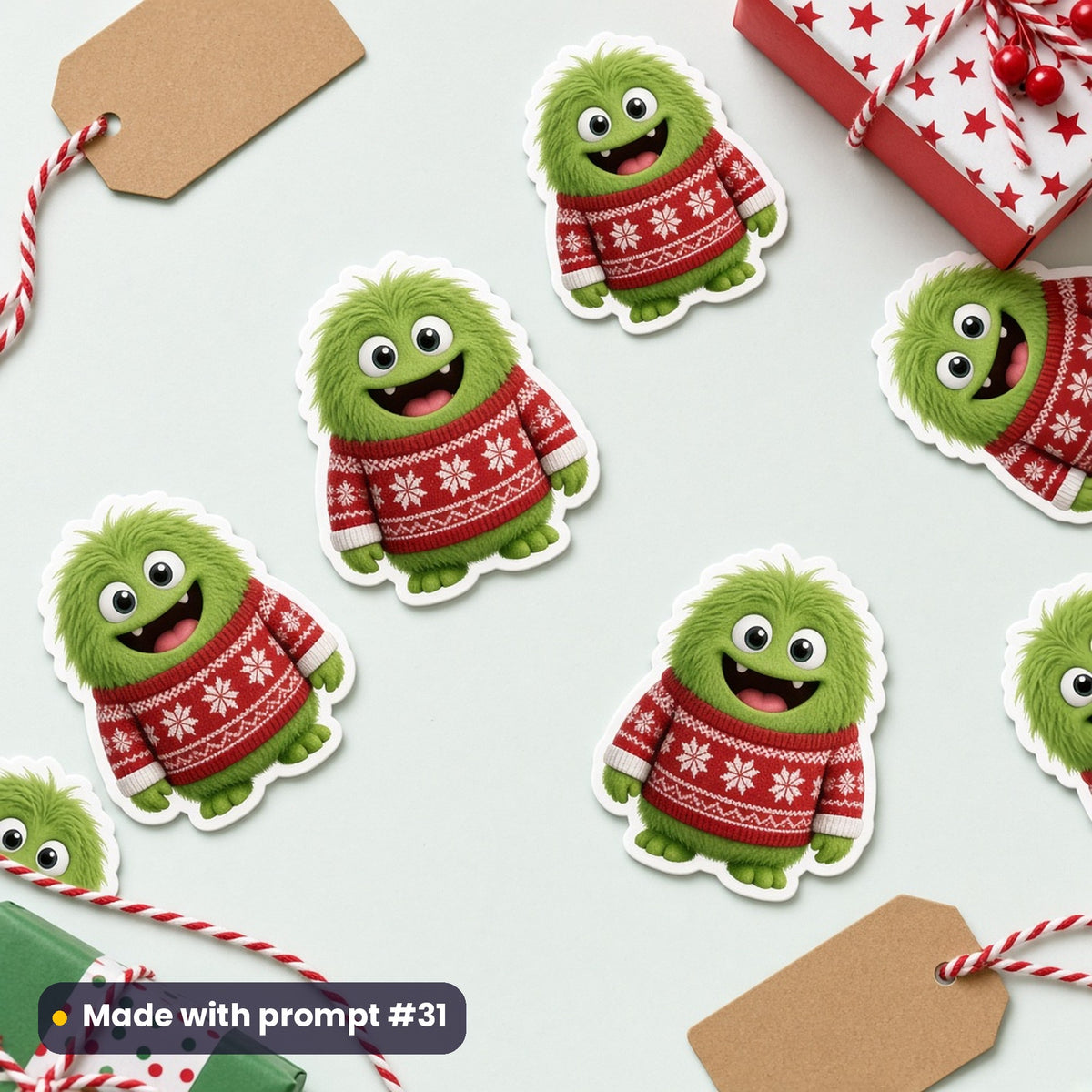 Monster in a snowflake jumper Christmas artwork on die-cut stickers with gift tags, made with prompt #31 of the Christmas Monsters & Dragons Icon Sheet Prompts pack