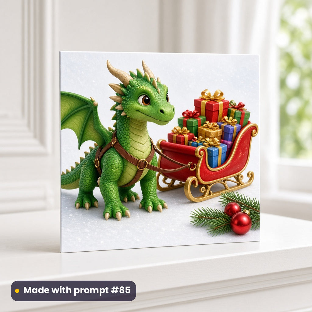 Dragon pulling a sleigh Christmas artwork on a greeting card on a mantelpiece, made with prompt #85 of the Christmas Monsters & Dragons Icon Sheet Prompts pack