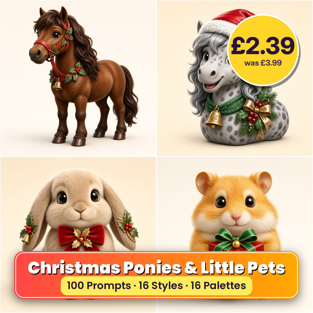 Christmas Ponies & Little Pets Icon Sheet Prompts pack title card: four Christmas icon artworks made with prompts #11, #13, #61, #63; 100 prompts, 16 styles, 16 palettes; £2.39, was £3.99