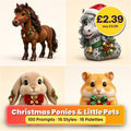 Christmas Ponies & Little Pets Icon Sheet Prompts pack title card: four Christmas icon artworks made with prompts #11, #13, #61, #63; 100 prompts, 16 styles, 16 palettes; £2.39, was £3.99