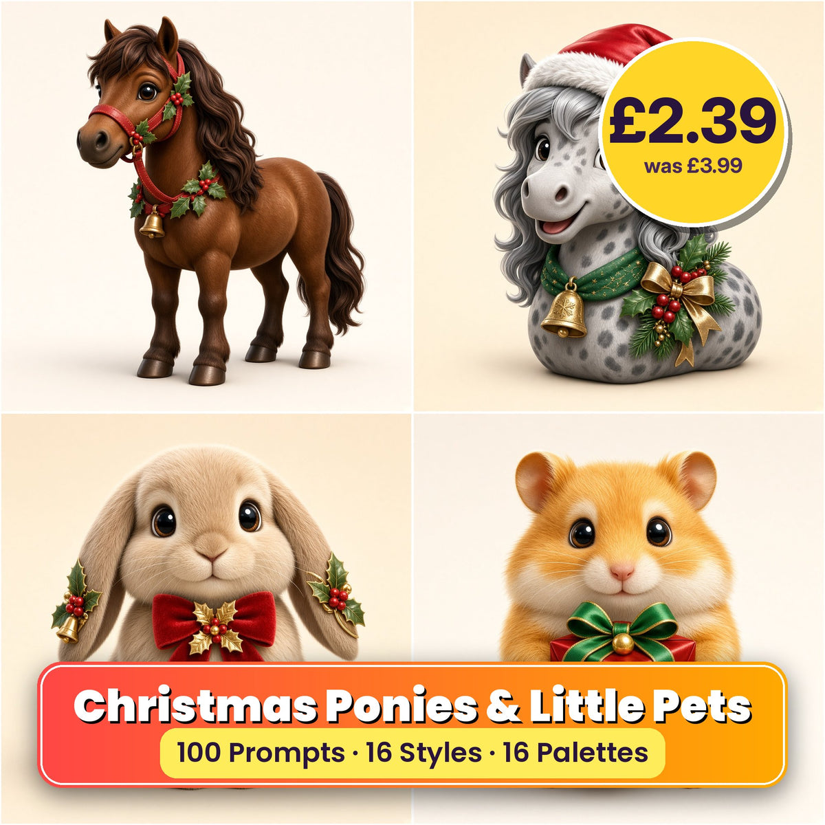 Christmas Ponies & Little Pets Icon Sheet Prompts pack title card: four Christmas icon artworks made with prompts #11, #13, #61, #63; 100 prompts, 16 styles, 16 palettes; £2.39, was £3.99