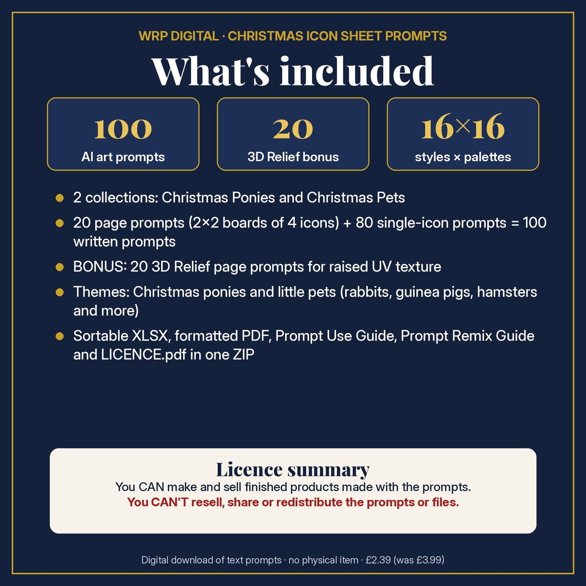 What's included in the Christmas Ponies & Little Pets Icon Sheet Prompts pack: 100 AI art prompts, 20 3D Relief bonus prompts, XLSX, PDF, Prompt Use Guide, Prompt Remix Guide and licence; £2.39