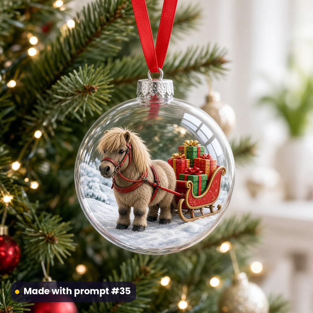 Pony pulling a red sleigh Christmas artwork on a clear acrylic ornament on a Christmas tree, made with prompt #35 of the Christmas Ponies & Little Pets Icon Sheet Prompts pack