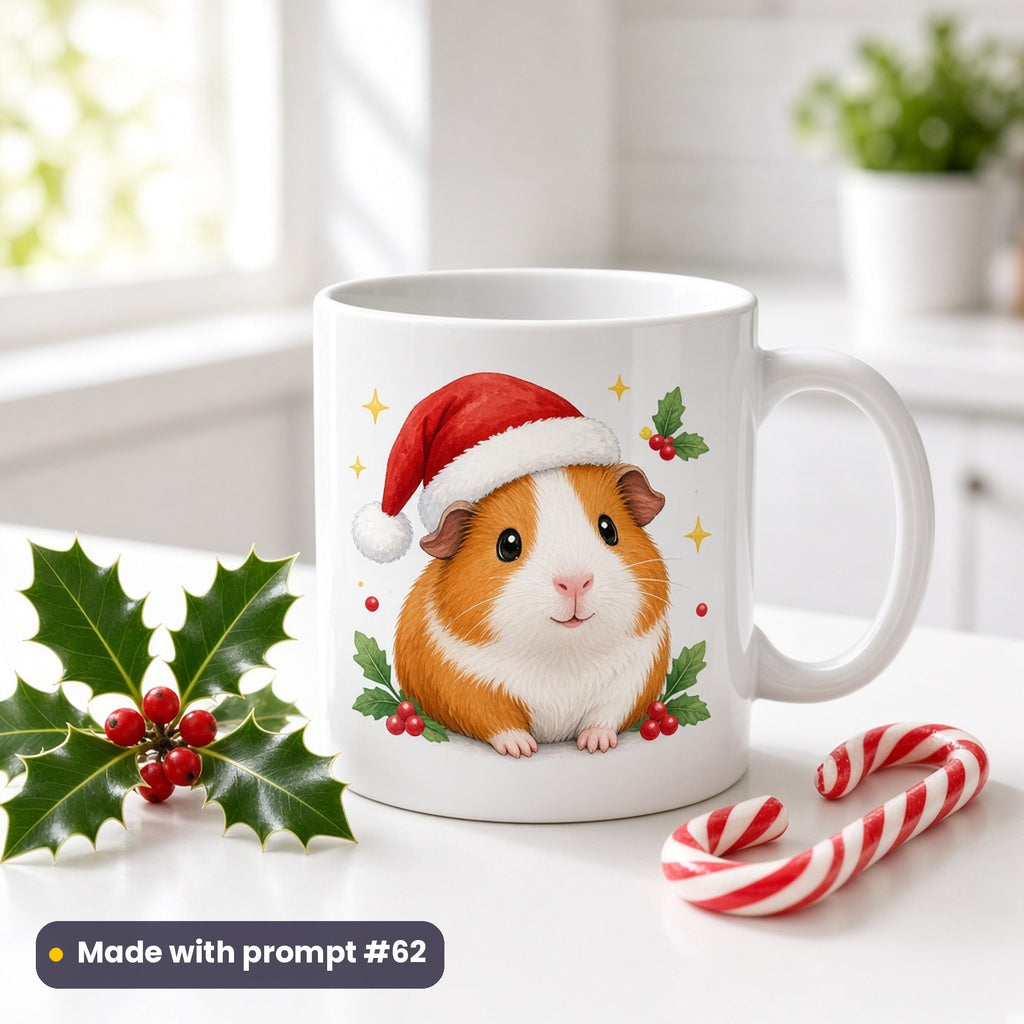 Guinea pig in a Santa hat Christmas artwork on a white mug on a kitchen counter, made with prompt #62 of the Christmas Ponies & Little Pets Icon Sheet Prompts pack