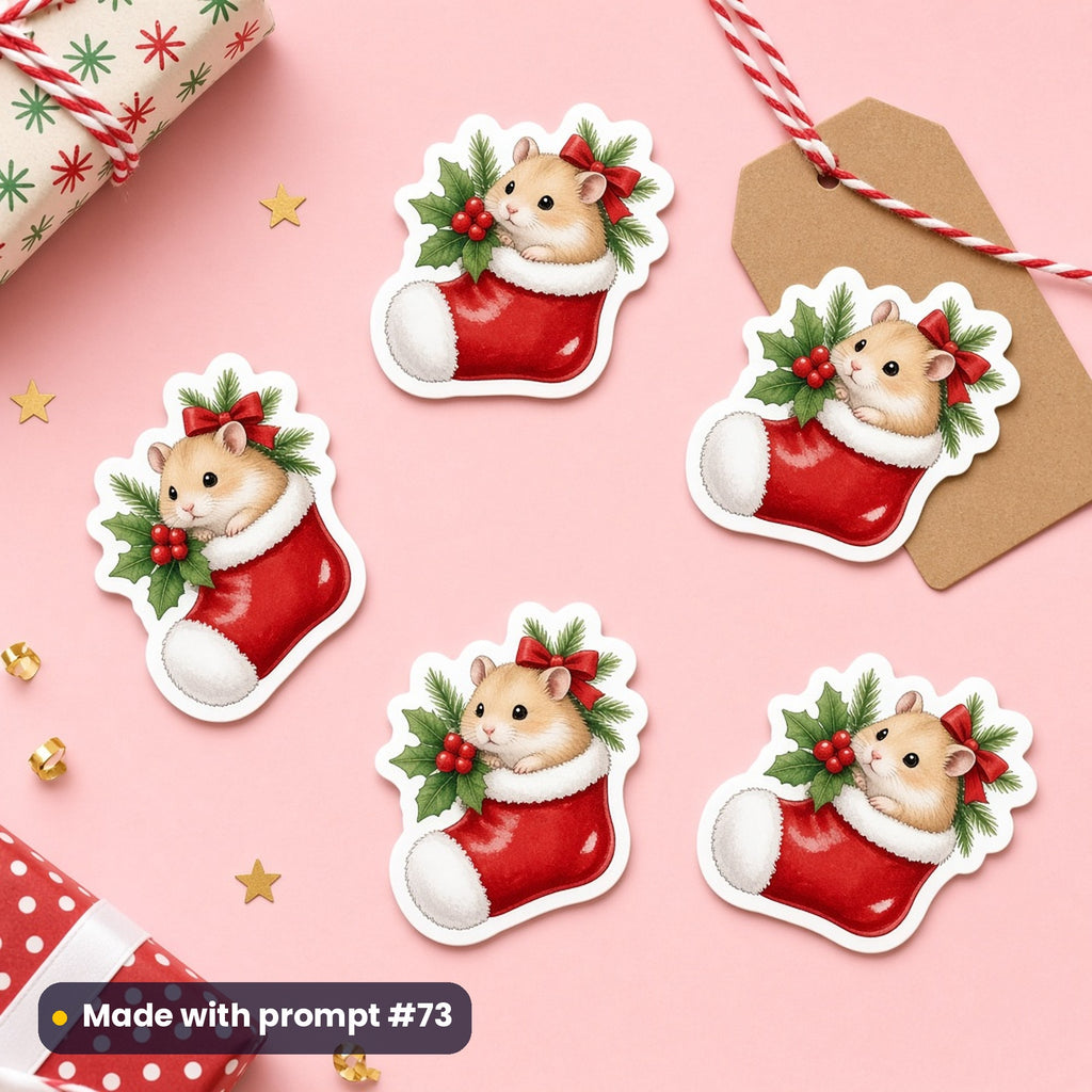Hamster in a stocking Christmas artwork on a die-cut sticker sheet on a desk, made with prompt #73 of the Christmas Ponies & Little Pets Icon Sheet Prompts pack