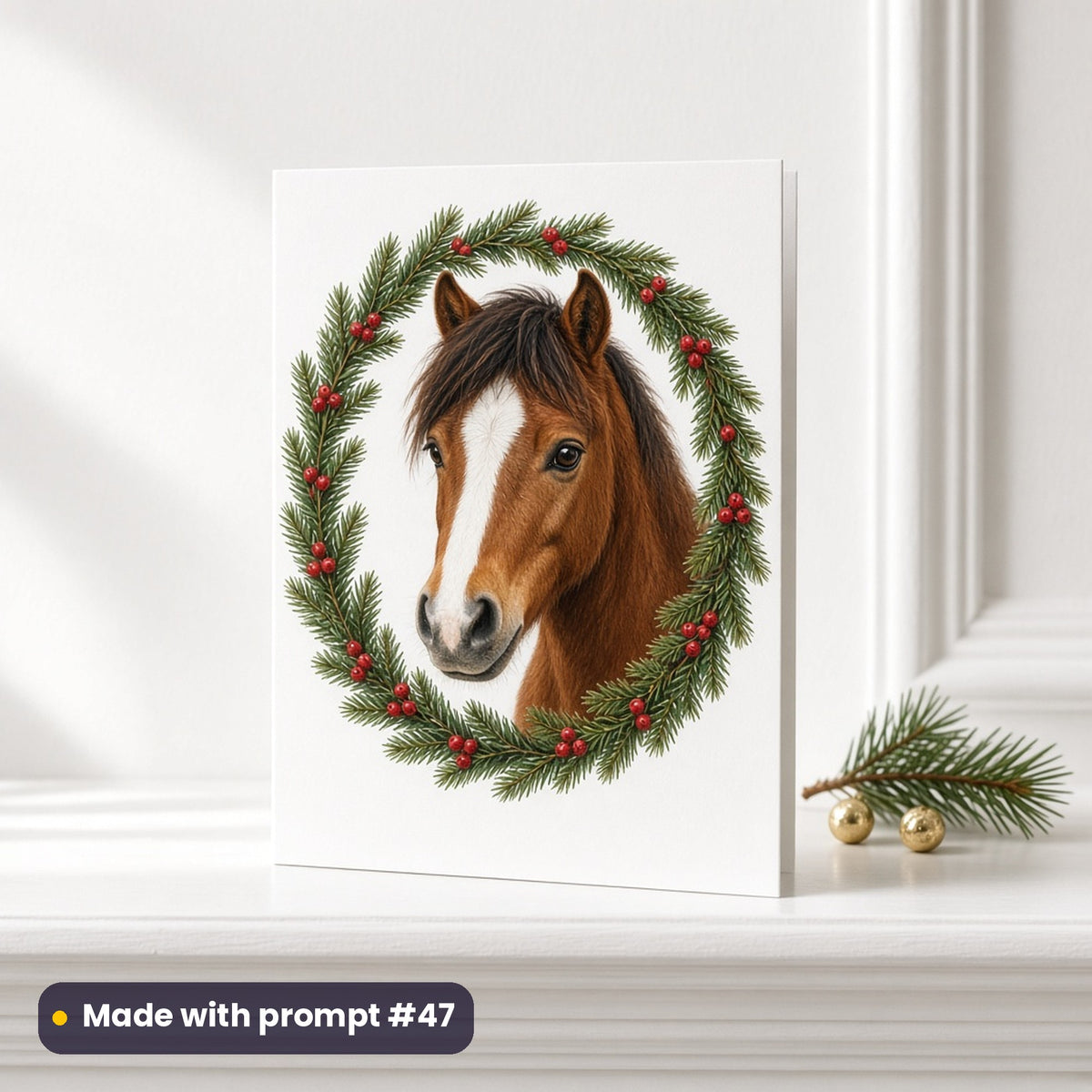Pony head portrait in a wreath Christmas artwork on a greeting card on a mantelpiece, made with prompt #47 of the Christmas Ponies & Little Pets Icon Sheet Prompts pack
