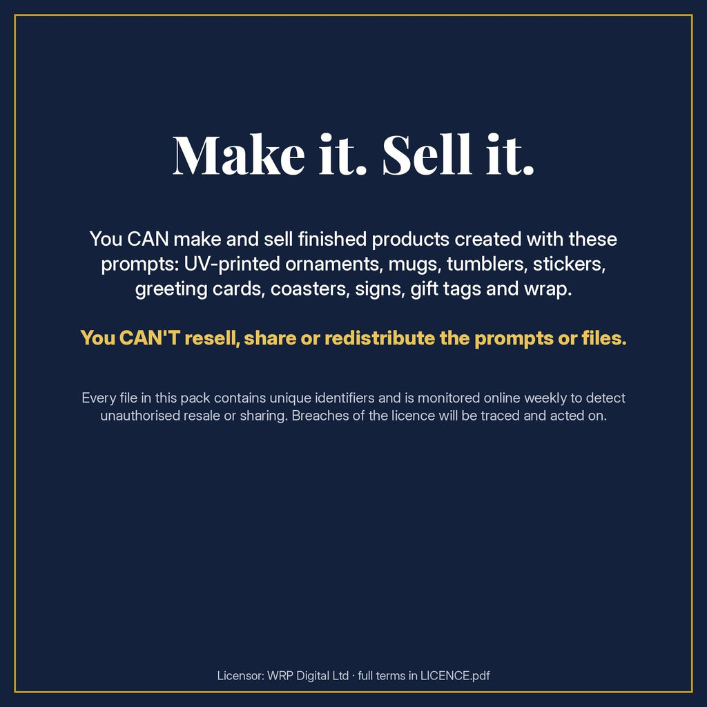 Make it. Sell it. Licence summary for the Christmas Ponies & Little Pets Icon Sheet Prompts pack: sell finished products made with the prompts, not the prompts or files