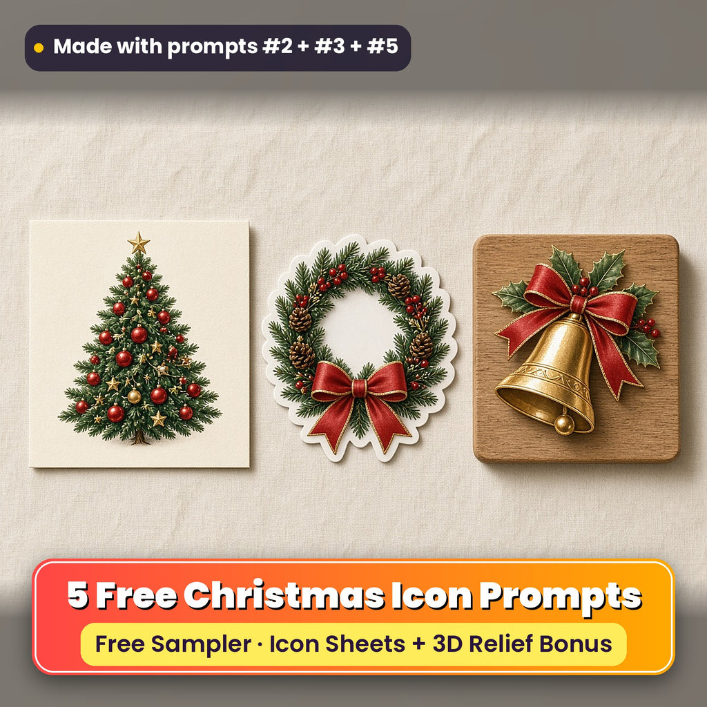 Free Christmas Icon Sheet Prompt Sampler: 5 prompts + 3D Relief bonus, with a printed greeting card, sticker and wooden plaque made with prompts #2, #3 and #5