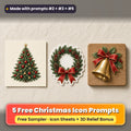 Free Christmas Icon Sheet Prompt Sampler: 5 prompts + 3D Relief bonus, with a printed greeting card, sticker and wooden plaque made with prompts #2, #3 and #5