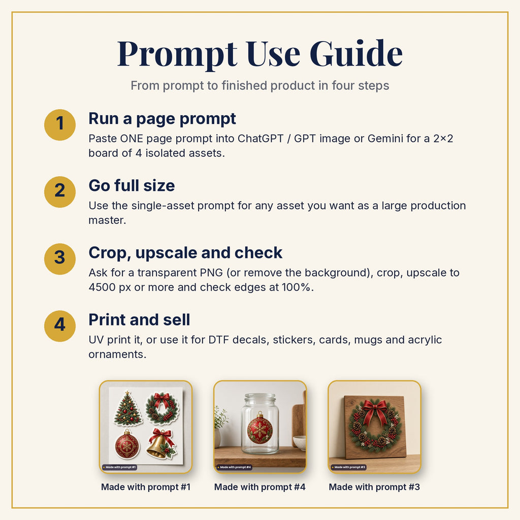 Prompt Use Guide: run a page prompt, go full size, crop and upscale, then print and sell, with products made with prompts #1, #4 and #3