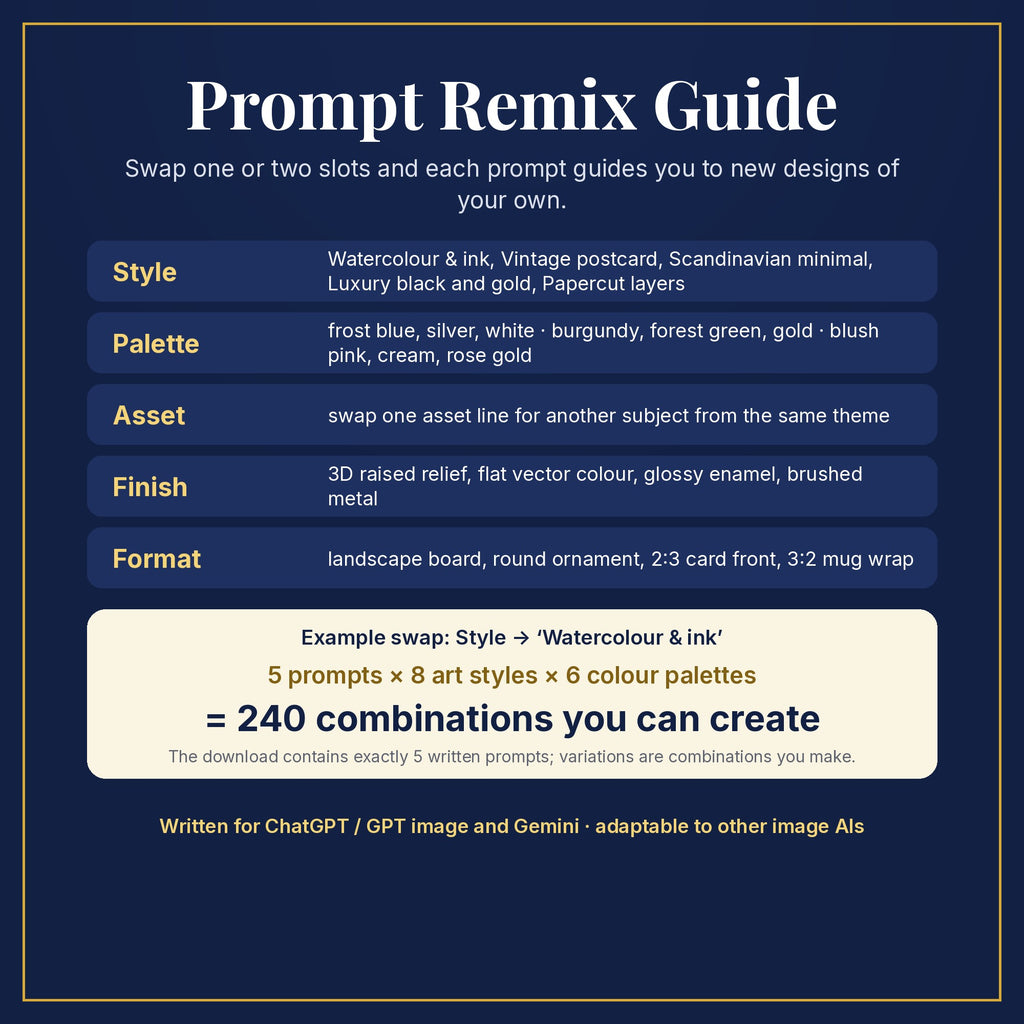 Prompt Remix Guide: swap style, palette, asset, finish and format; 5 prompts × 8 styles × 6 palettes = 240 combinations you can create