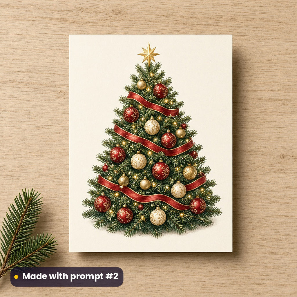 Classic Christmas Icons artwork on a flat-printed greeting card: premium christmas tree, made with prompt #2 from this pack