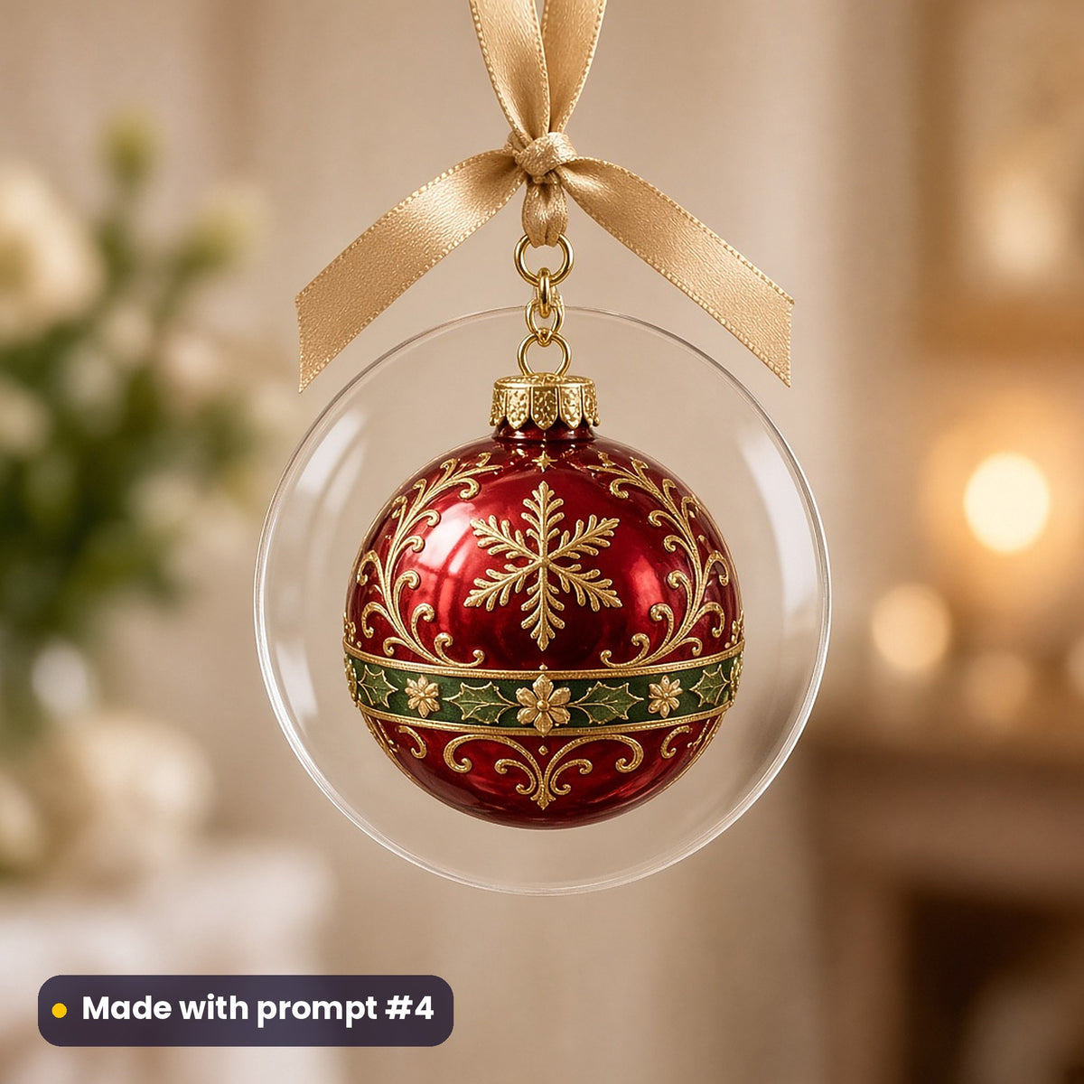 Classic Christmas Icons artwork on a UV-printed clear acrylic ornament: red & gold bauble, made with prompt #4 from this pack