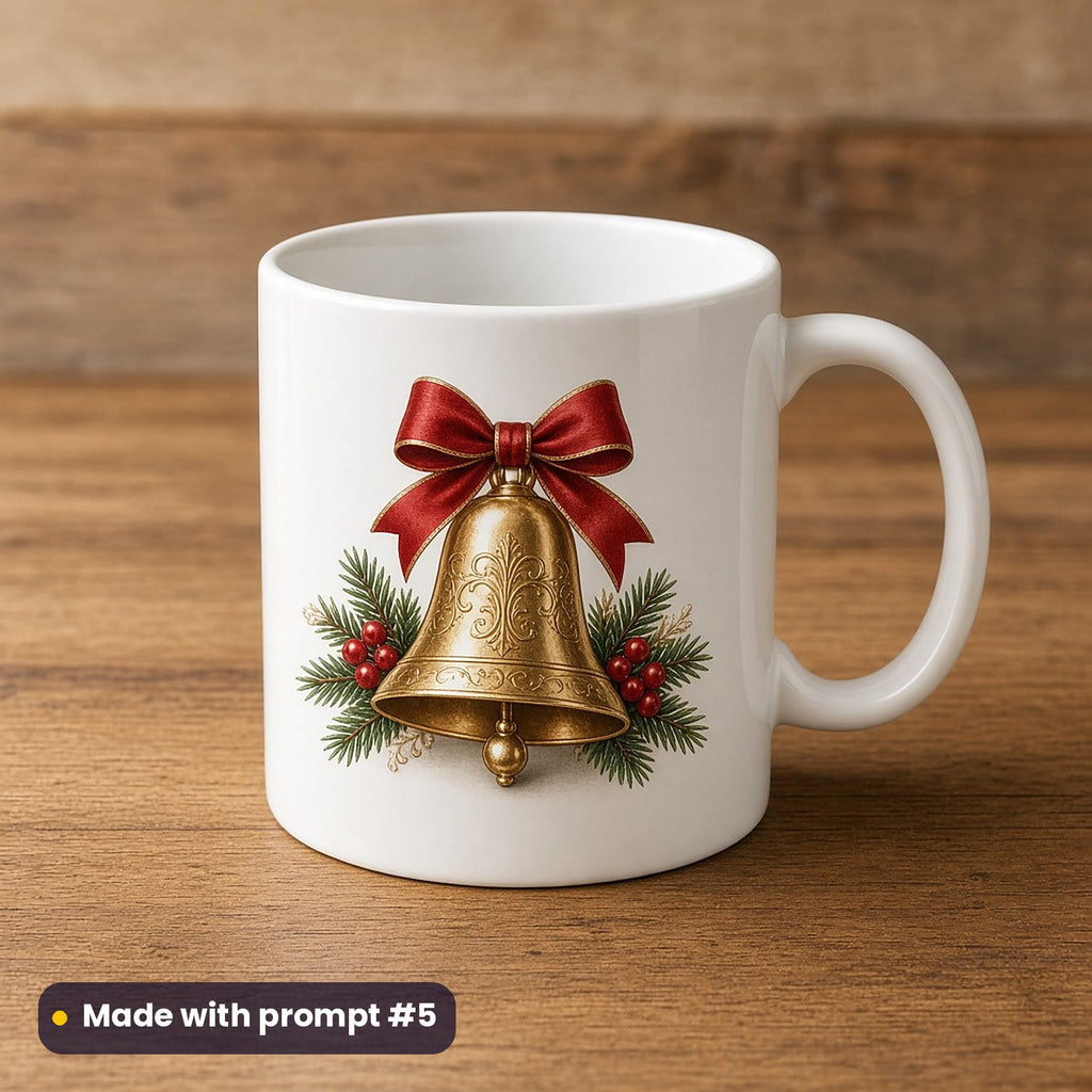 Classic Christmas Icons artwork on a UV-printed ceramic mug: golden christmas bell, made with prompt #5 from this pack