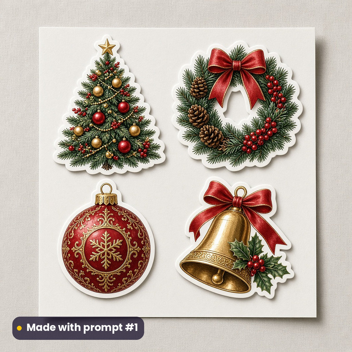 Classic Christmas Icons artwork on a die-cut vinyl sticker sheet: a sheet of four assets from page p01: hero classics, made with prompt #1 from this pack