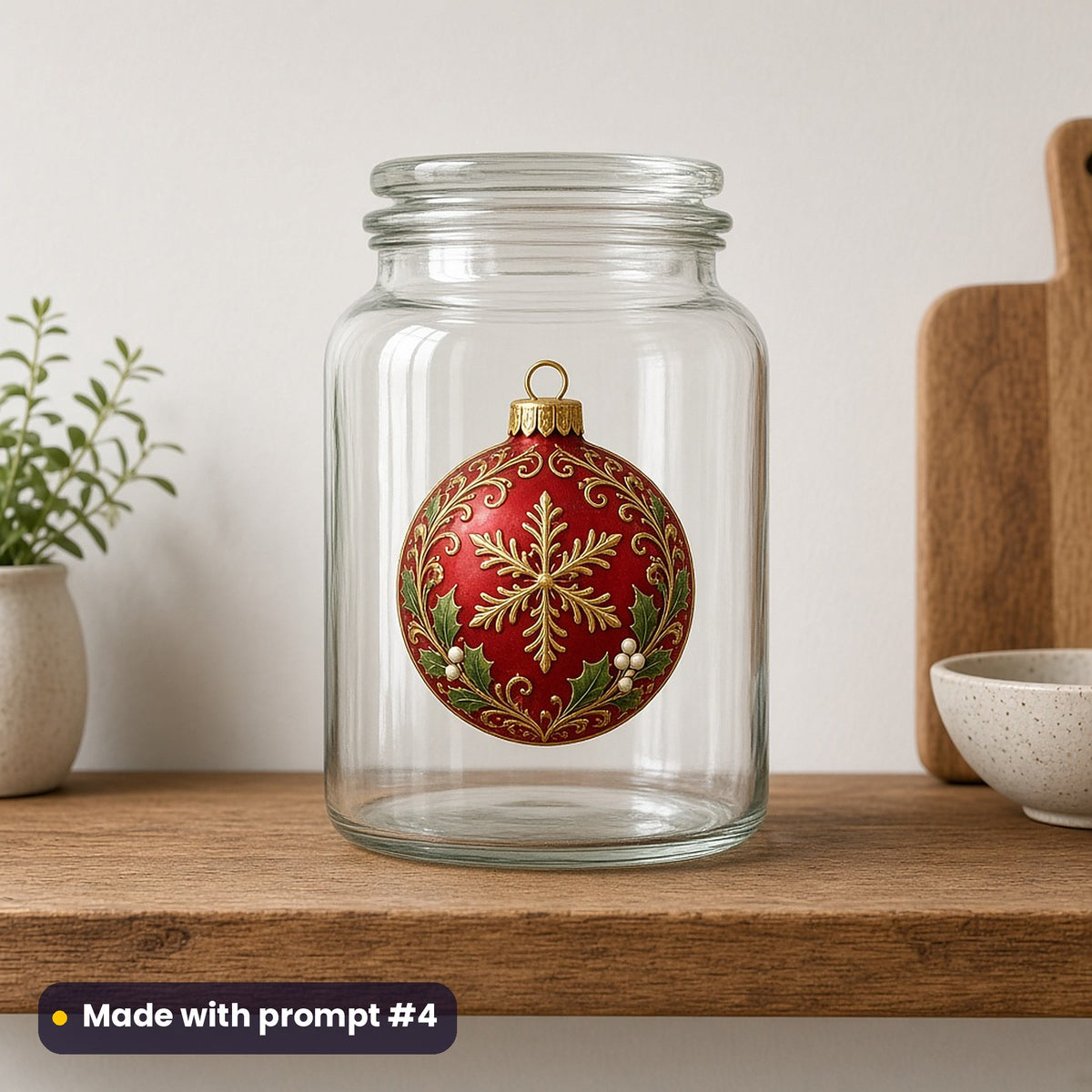 Classic Christmas Icons artwork on a UV DTF decal on a glass jar: red & gold bauble, made with prompt #4 from this pack