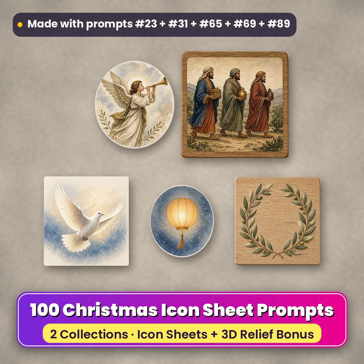 Winter Faith & Festivals Icon Sheets Bundle: 100 Christmas icon sheet prompts from 2 collections, with a herald angel coaster and three wise men plaque (Nativity & Sacred Christmas) and a dove card, paper lantern coaster and peace wreath plaque (Peace & Light Interfaith), made with prompts #23, #31, #65, #69 and #89