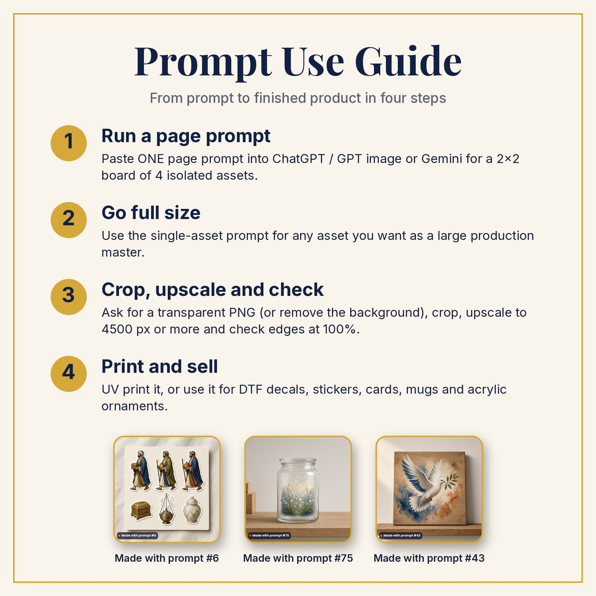 Prompt Use Guide: run a page prompt, go full size, crop and upscale, then print and sell, with products made with prompts #6, #75 and #43