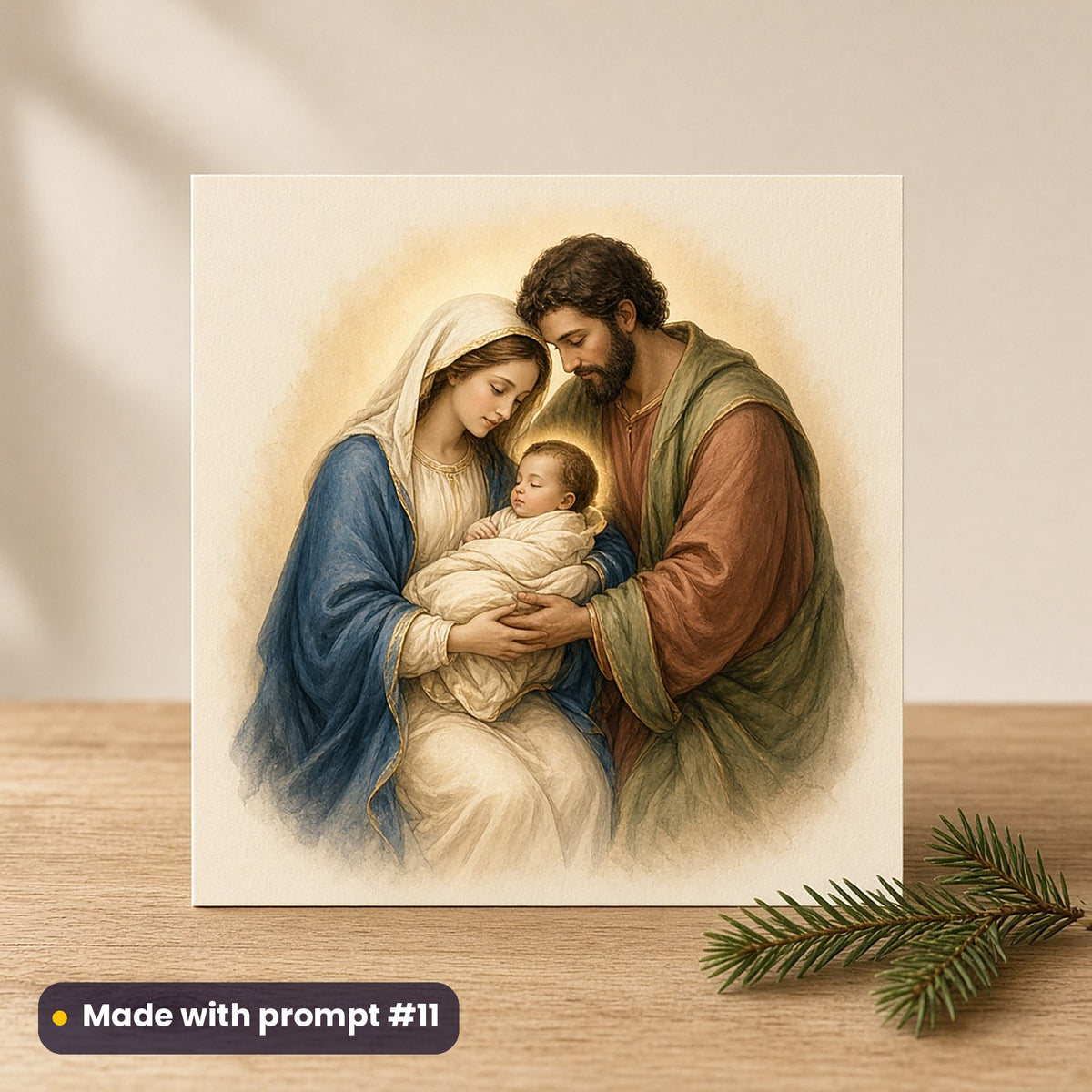 Nativity & Sacred Christmas artwork on a flat-printed greeting card: holy family, made with prompt #11 from this pack