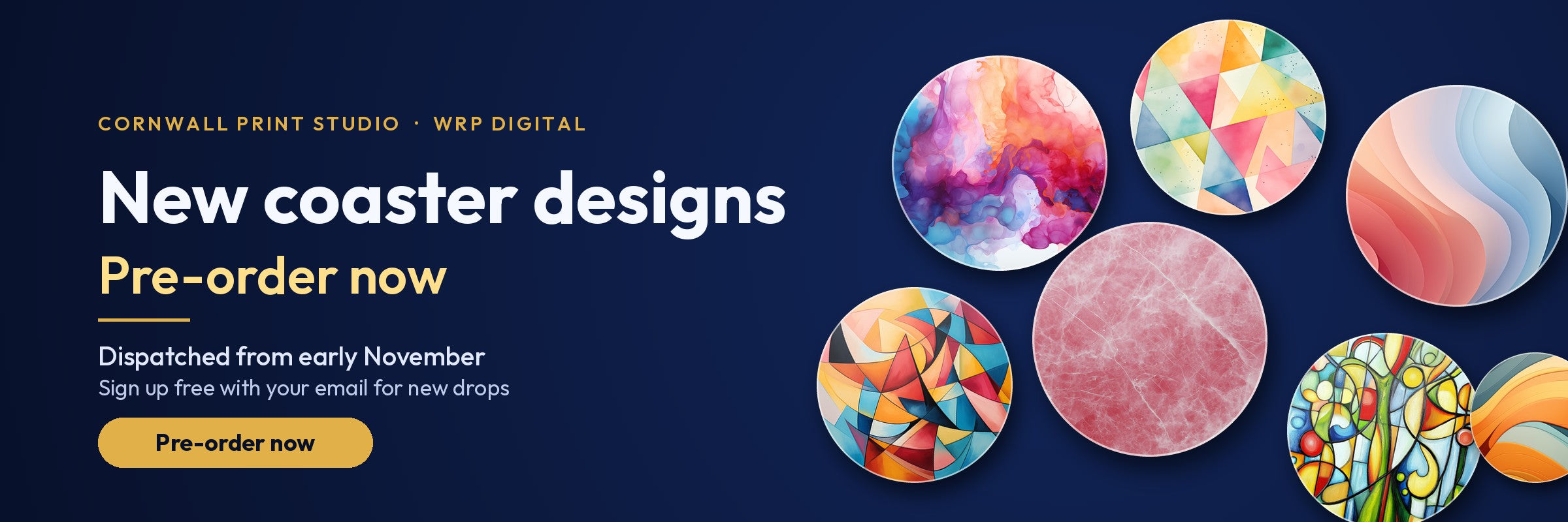 New round ceramic coaster designs from Cornwall Print Studio – marble, cubist and fluid-art patterns – available to pre-order now, dispatched from early November
